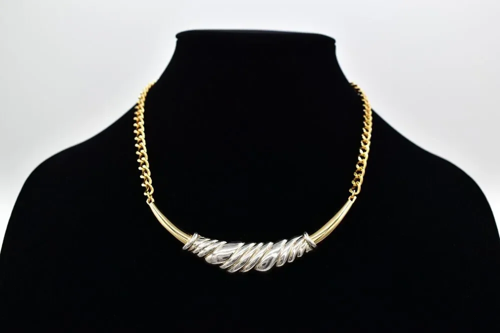 MJ Ent Vintage Collar Necklace Gold Silver Two-Tone Chunky Signed 1980s BinBE